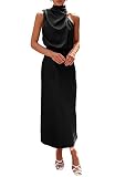 CFLONGE Summer Dresses for Women 2023 Mock Neck Sleeveless Cocktail Satin Maxi Dress for Wedding Gue