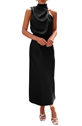 Cflonge Summer Dresses For Women 2023 Mock Neck Sleeveless Cocktail Satin Maxi Dress For Wedding Guest Evening Party(Black,Large) #TOP9