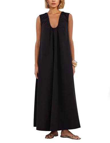 Image of OLAPTA Women Summer Sleeveless Maxi Dress Scoop Neck Ruched Loose Fit Casual Elegant Solid Vacation Long Dress with Pockets