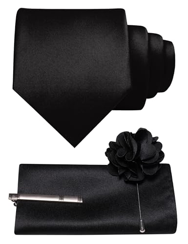 JEMYGINS Juego de corbata de tela para hombre con clip de corbata y flor en el pecho para bodas y fiestas, Negro , M