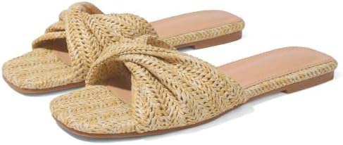 EQAUDES Raffia Flat Sandals for Women Straw Woven Braided Twist S...