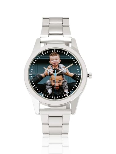 JSDDE Montre Quartz Photo Personnalisée pour Homme et Garçon Montre Métal 41mm Cadran Rond Personnalisable avec Votre Image Bracelet Métal Mouvement...