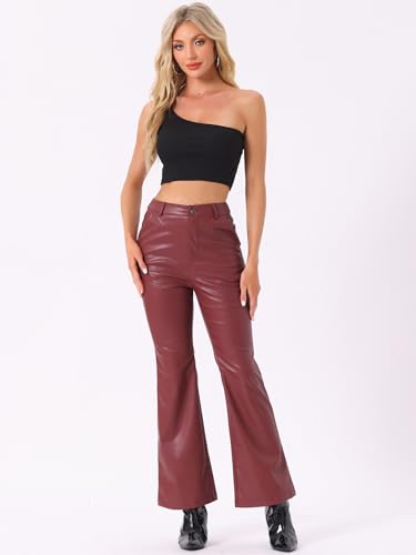 Allegra K Faux Leather Casual Pant for Women's High Waist Bell Bottom Flared Long PU Trouser4