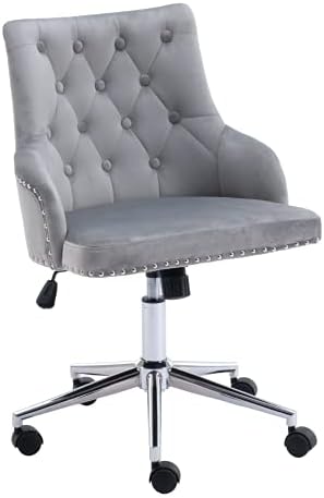 Velvet Desk Chair Tufted Office Chair with Wheels Accent Vanity Chair Fabric Task Swivel Armchair for Bedroom Living Room Grey