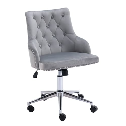 Velvet Desk Chair Tufted Office Chair With Wheels Accent Vanity Chair Fabric Task Swivel Armchair For Bedroom Living Room Grey #TOP11