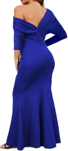 Women's Formal Dresses Blue Elegant One Shoulder Long Sleeve Evening Gowns Bodycon Ruched Backless Party Mermaid Dress