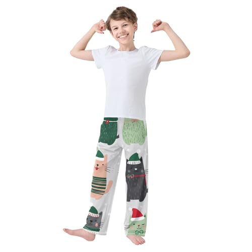 Christmas Cat Snow Boys Long Pants Soft Trousers Elastic Waist Kids Lounge Bottoms with Pockets S-XL3