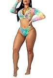 Rash Guard Long Sleeve Swimsuit for Women, 2 Pieces Sexy High Waisted Triangle Bikini Bathing Suits, 3D Print Tankini Swimwear (A-Multicolor, M (US 6-8))