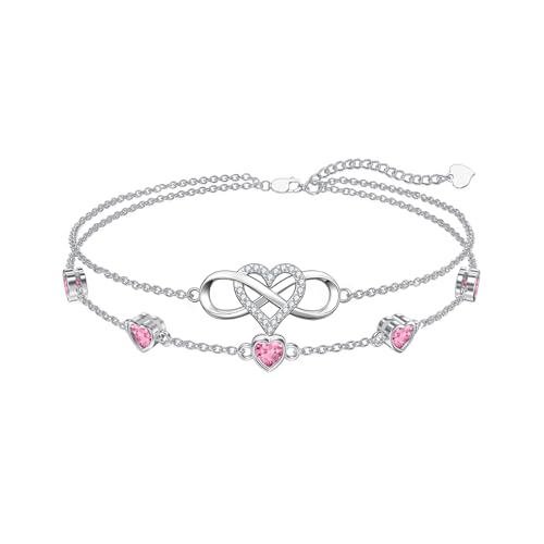 Image of Dorunmo 925 Sterling Silver Infinity Heart Birthstone Anklet Bracelets for Women Best Mother's Day Birthday Jewelry for Wife Girlfriend Mom Her