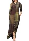 YMING Womens Long Sleeve Button Down Shirt Dress Casual Plaid Blouse Dresses Loose Fit Maxi Dress Plaid Khaki L