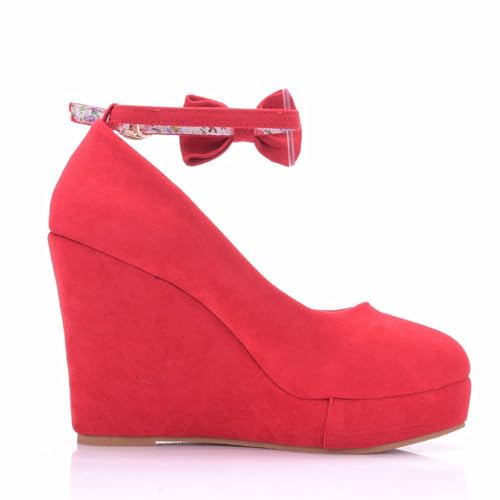Women's Wedge Heels, 11 Cm Suede Pumps Waterproof Platform Shallow Mouth Round Head Red Wedding Shoes High Heel Single Shoes,34 EU,Red3