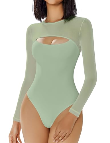Image of Avidlove Bodysuits for Women Round Neck Long Sleeve Mesh Bodysuit