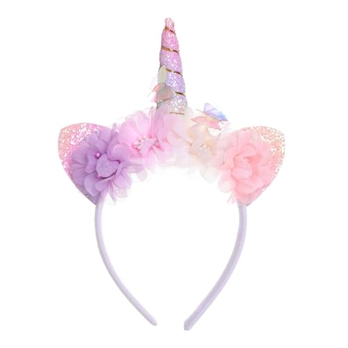 WIWUFUE Unicorn Horn Headband - Glitter Pink Flower & Butterfly Unicorn Ears Hairband Magical Floral Hair Accessory for Women Halloween Christmas Cosplay & Birthday