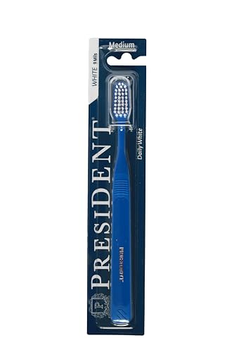 President Cepillo blanqueador blanco. Cerdas medianas con carbonato de calcio para una eliminación eficaz y prevención de manchas y sarro. Eficacia superior en todos los puntos del arco dental.