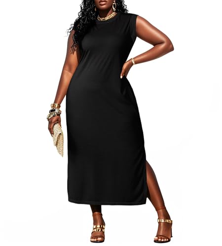 Image of UOUA Women Summer Maxi Dresses Plus Size Casual Hawaiian Sundress Sleeveless Loose Split Beach Dress with Pockets