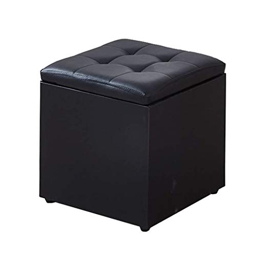 Taburete de almacenamiento negro tapizado de piel sintética, asiento multifuncional para entrada y dormitorio, banco de zapatos, 40 x 40 x 40 cm