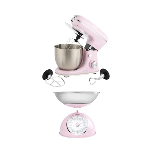Salter Retro Pink Stand Mixer & Scale Set – 5L Electric Mixer with 8 Speeds & Pulse, Stainless Steel Removable Bowl, Includes Dough Hook, Wire Whisk, Beater, and 5kg Mechanical Kitchen Scale