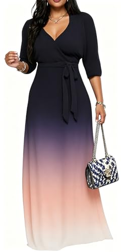 Image of Women's Church Maxi Wrap V Neck 3 /4 Sleeve Tie Waist Plus Size Long Dress | Flattering wrap V-neck design enhances curves. High elastic tie waist accentuates the slimmest part, hides tummy.