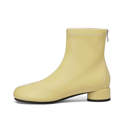 Image of Split Toe Ankle Boots for Women Tabi Japanese Ninja Shoes Low Chunky Heels Booties, Stretch Artificial Leather Boots Back Zipper