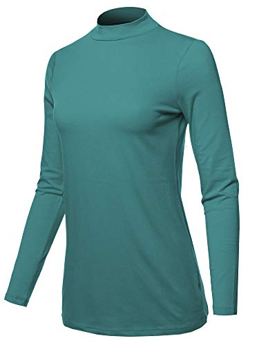 Basic Solid Soft Cotton Long Sleeve Mock Neck Top Shirts Dusty Teal S