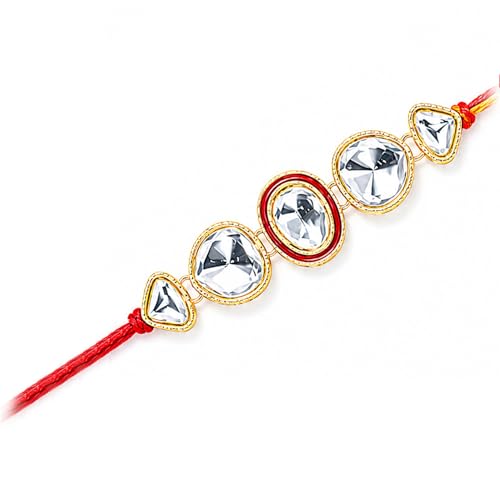 Image of Peora Rakhshabandhan Thread Rakhi for Brother Bhaiya | Kundan Beads & Crystal Studded | Combo Set of 2 | Rakhi Hamper Roli Chawal & Greeting Card