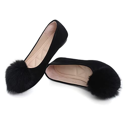 Hee grand Women Pom Pom Causal Flats -Solid Slip on Shallow Comfortable Ballet Shoes2
