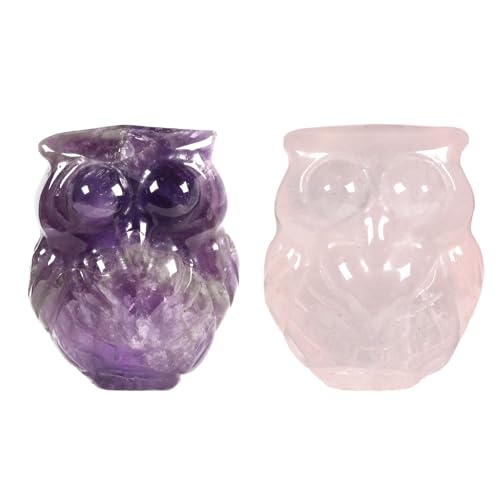 Justinstones Crystal Owl Figurines Set of 2 Rose Quartz & African Amethyst– 28mm Hand-Carved Healing Stone Animal Decor, Owl Spirit Totem Sculpture for Home, Office, Meditation, and Gift Collection