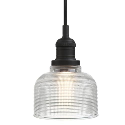 Yosoan Indoor Vintage Pendant Light with Striped Shade, 1-Light Hardwired Edison Vanity Fixture Industrial Semi Flush Mount Lamp Bowl Texture Glass for Kitchen Table Bar Island(Black)