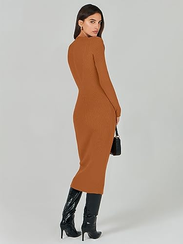 Image of ANRABESS Women Long Sleeve Sweater Dress Crewneck Bodycon Stretch Slim Fit Ribbed Knit Midi Dresses 2025 Fall Trendy Outfits Rust Small