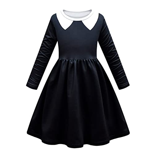 FYMNSI Wednesday Adams Costume Kids Adams Family Outfits For Girls Gothic Cosplay Fancy Dress Up Black Long Sleeve Skater Dress For Halloween Carnival Party Decorations Role Play Black 9-10 Years