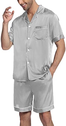 Ekouaer Mens Satin Pajamas Set Button-Down Short Sleeve Shirt Top Soft Silk Sleepwear Shorts with Pockets