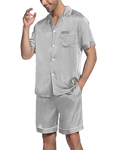 Image of Ekouaer Mens Satin Pajamas Set Button-Down Short Sleeve Shirt Top Soft Silk Sleepwear Shorts with Pockets