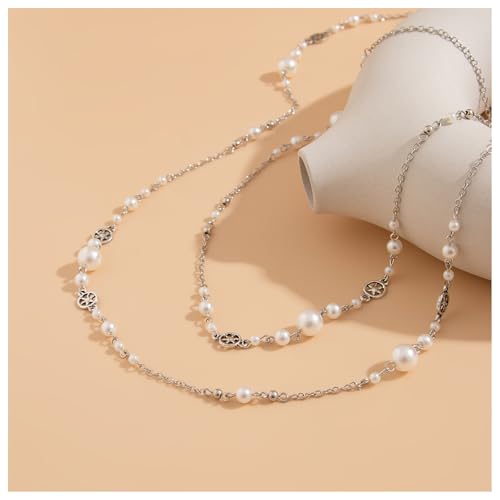 2Pcs Pearl Long Chain Necklace,Multi-layered Bead Clavicle Necklace,Bridal Wedding Pearl Chest Body Chain,Sexy Metal Flower Neck Chain Jewelry for Women4