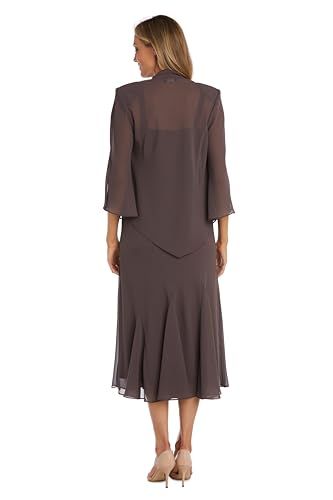 R&M Richards Women's Beaded Pebble Georgette Mid-Calf Slip Dress W/Matching 3/4 Sleeve Jacket Fig
