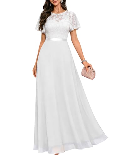 DRESSTELLS White Formal Dresses for Women, Prom Party Bridesmaid Cocktail Wedding Guest Mother of The Bride Evening Gowns Gala Homecoming Maxi Lace Chiffon Dress, 2026 Spring, White L