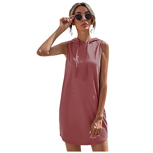 Tunika Damen Sommer Schwarze Kleider jerseykleid Einfarbig Ärmellos Hoodies Sweatshirt Sommerkleid mit Kapuze Kordelzug Kurz Freizeitkleid T-Shirt...
