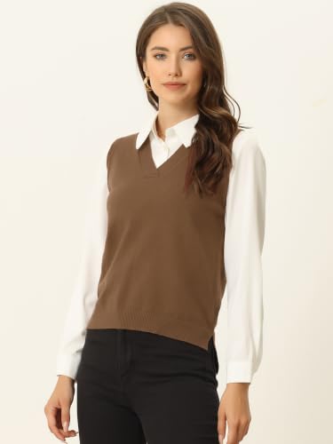 Image of Allegra K Women's V Neck Sweater Vest Knit Pullover Sleeveless Sweater Top | v neck, sleeveless, solid color, high low hem, basic pullover sweater vest, knit fabric, spring casual top