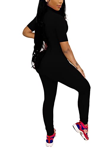 Qfmqkpi Women Sexy One Piece Jumpsuit Zip Up Short Sleeve High Waist Skinny Long Pants Bodycon Casualwear L Black #TOP2