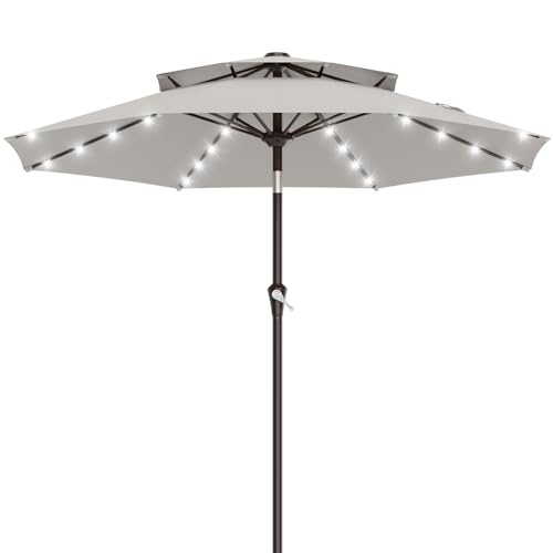 Image of AreShark 9ft 2 Tiers Patio Umbrella with Solar Lights, Outdoor Umbrella w / 32 LED Lights&8 Sturdy Ribs, Table Umbrella for Deck, Backyard, Pool(Light Gray)