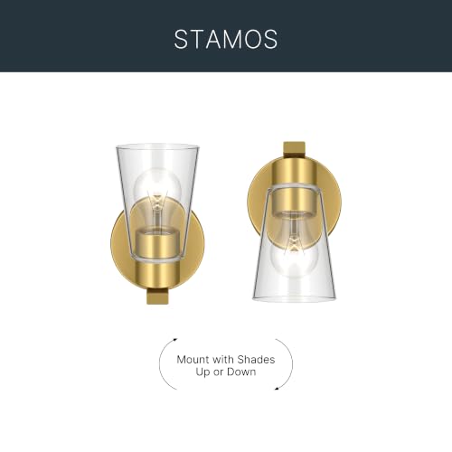 Image of Kichler Stamos 8 inch 1-Light Soft Modern Wall Sconce with Clear Glass in Brushed Gold, (8 inch H x 5 inch W), 52437BGCLR