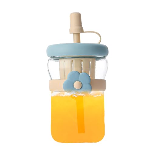 再利用可能 ガラスボトル - 500ml ジュース用ガラスボトル フタ付き - シリコンストロー付き 漏れ防止 コーヒーマグフラスク | ホット コールド 飲料 茶 牛乳 ジュース 男女兼用