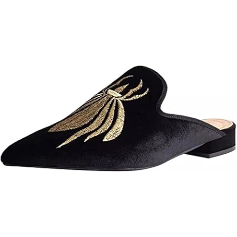 Axellion Loafers for Women, Embroidery Mules Velvet Backless Slip On Loafers Pointed Toe Flat Mule Slides, Black Spider, 6.5 UK Cover