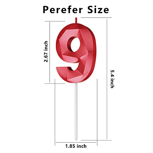 Number Birthday Candles(9 Candle Red) 3D Diamond Shape Number Happy Birthday Cake Candles for Birthday Party Wedding Decoration Reunions Theme Party - Thumbnail 2