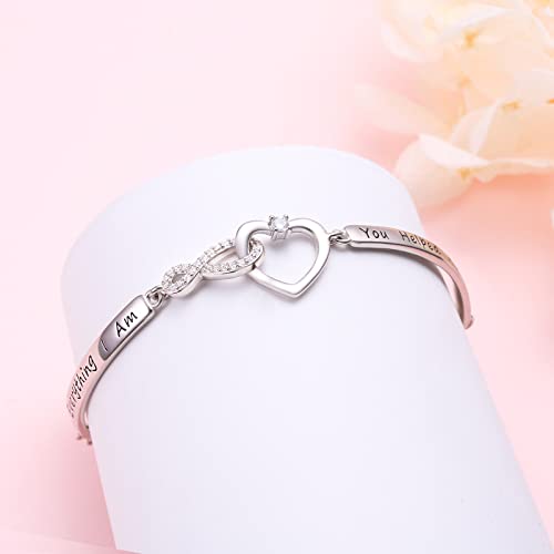 925 Sterling Silver Heart Infinity Bracelet With Inspirational Message "Everything I Am You Helped Me To Be" Adjustable Mother Daughter Bracelets Cuff Bangle Jewelry Encouragement Birthday Gift For Women #TOP2