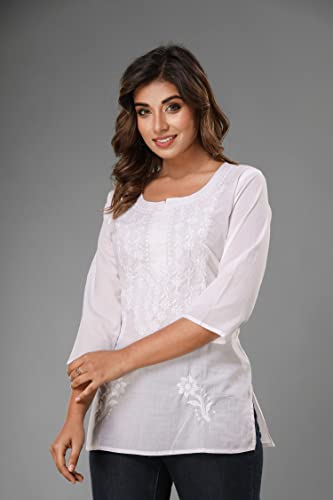 Image of Lucknowi Chikan Embroidered Short Casual White Kurti for Women