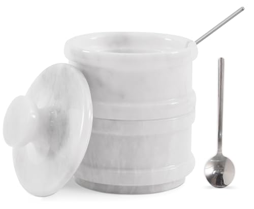 Radicaln Handmade Marble White 5.5” Dual Salt Cellar & Brown Sugar Keeper – 2.3” Each Herb Jar Salt Dish Kitchen Accesorries – Ideal For Jewelry, Butter, Sugar & Home Décor