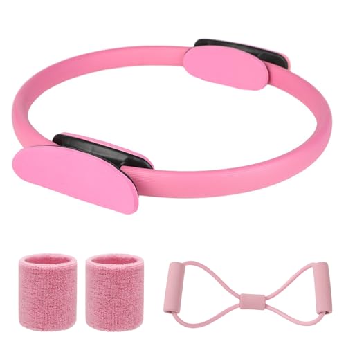AOTISBAO Pilates Ring Set with Resistance Band, Magic Circle Exercise Equipment for Women, Pink, 40cm Diameter, Non-Slip Core Training Kit for Home Gy