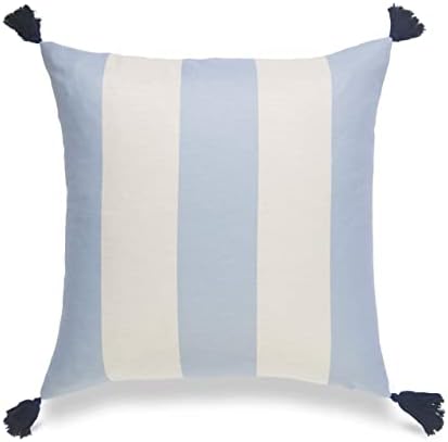 Hofdeco Beach Coastal Indoor Outdoor Pillow Cover ONLY, Water Resistant for Patio Lounge Sofa, Sky Blue Stripes Tassels, 20"x20"