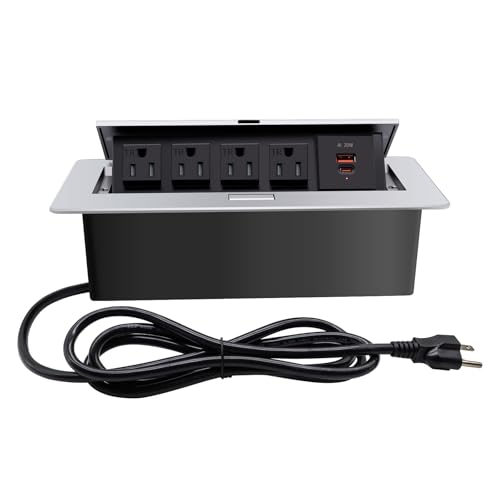 Pop up Outlet; Power Strip; Embedded countertop Outlet; 4 Power Outlets with USB-C PD 20W Fast Charging 16AWG Power Cord; Suitable for Office, Conference, Home, Book Rooms -Silver