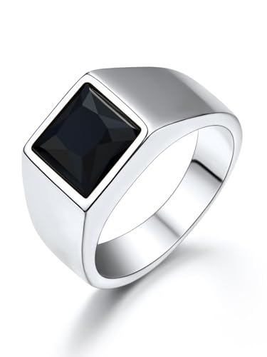 Stainless Steel Square Signet Ring for Men with Personalized Gemstone, Wedding Pinky Ring Size 8 Statement Black Onyx Rings
